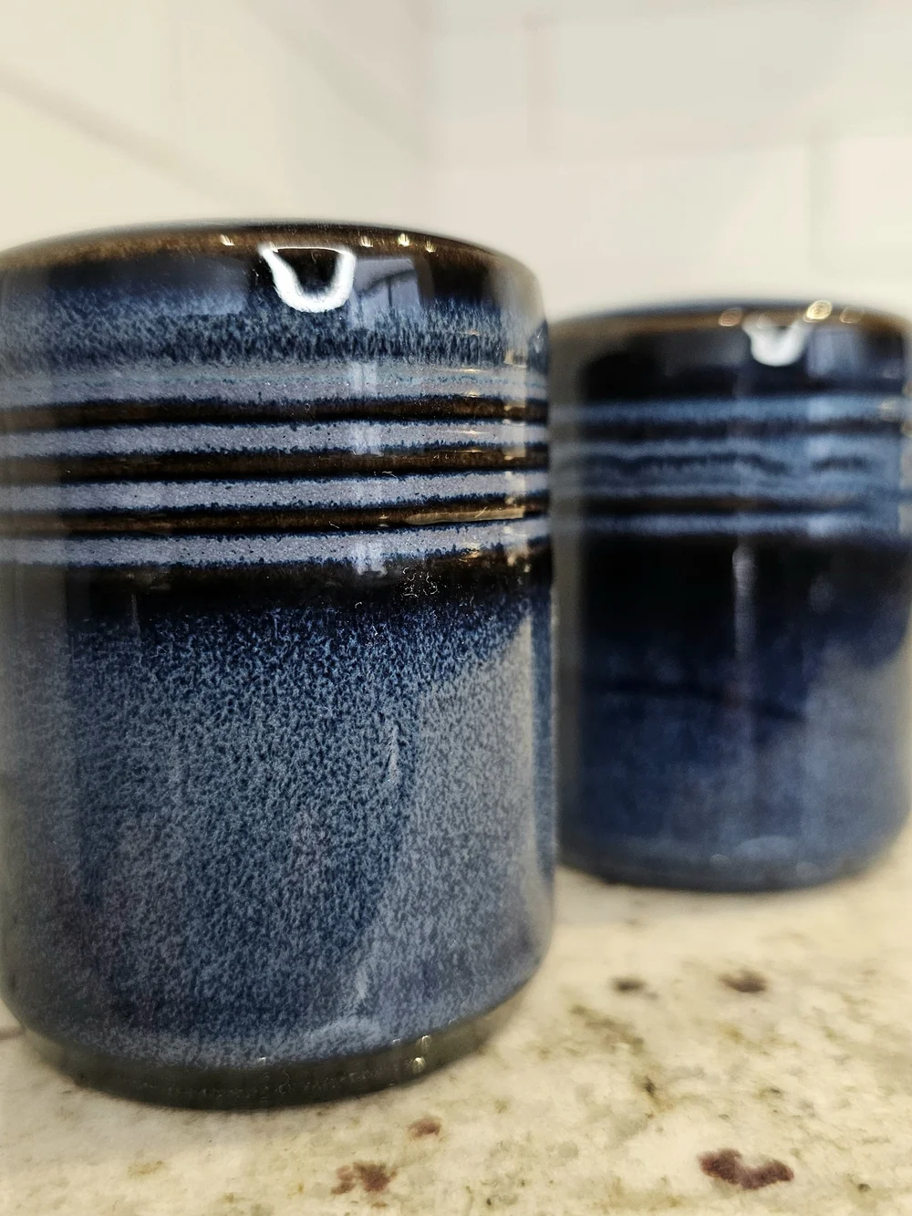 Set Of Dark Blue Glazed Ceramic Salt And Pepper THL Blue Drip Glaze Farmhouse